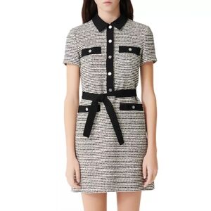 [NWT] Maje Renala Black White Tweed Collared Belted Mini Dress Sz FR 36 Small